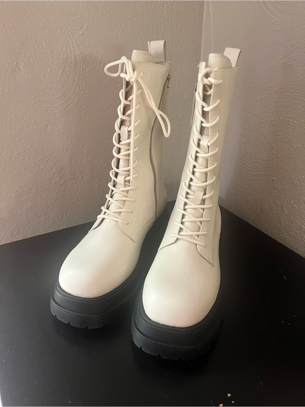 Ash White Lace-Up Combat Boots with Black Lug Sole
